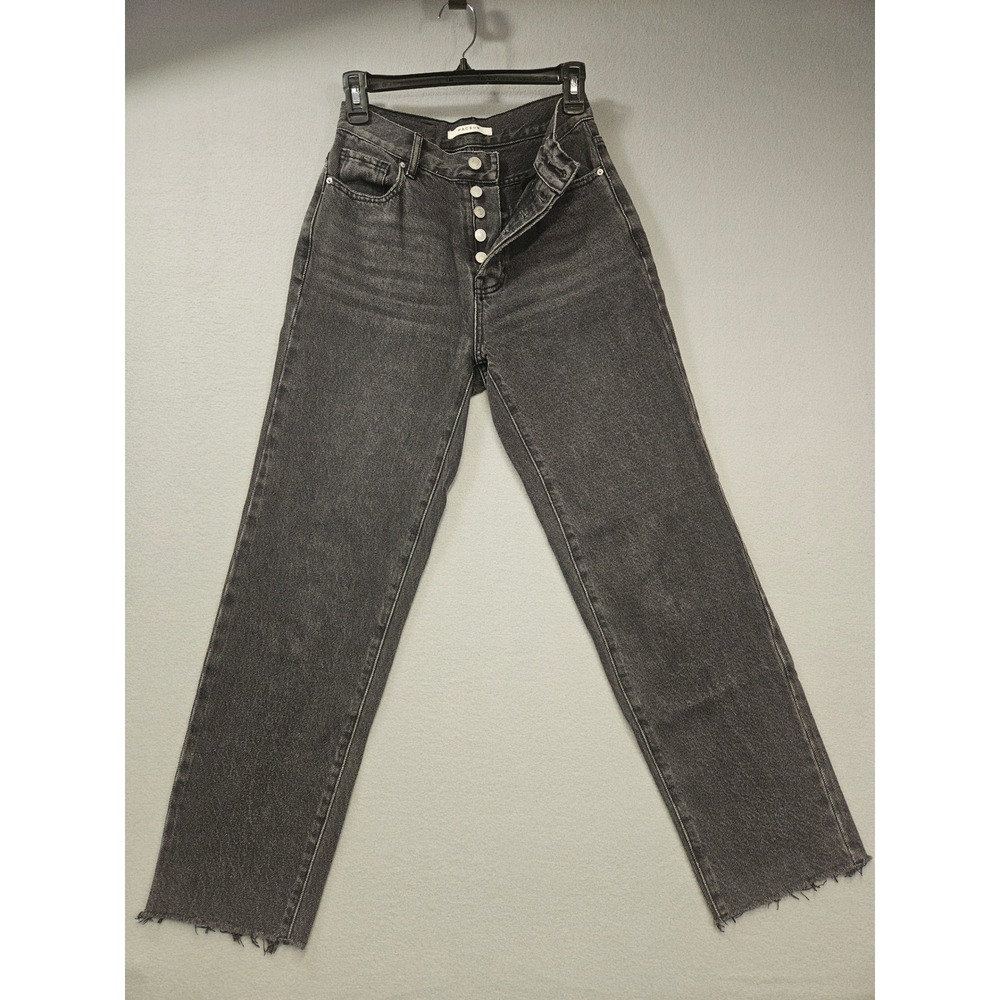 PacSun High Rise Straight Leg Jeans Washed Black Button Fly Raw Hem Size 24